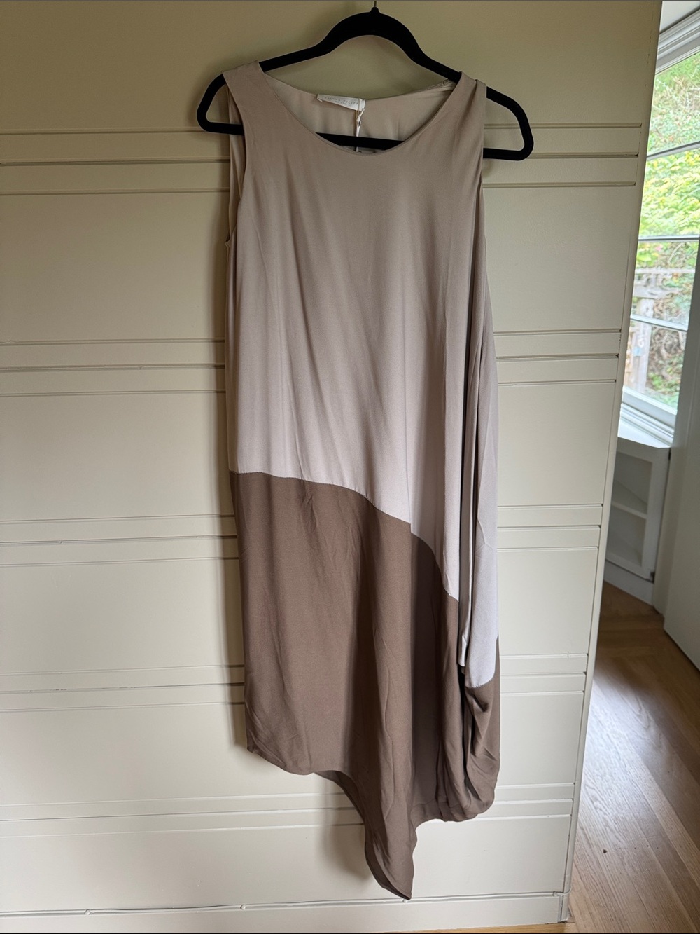 Sleeveless Asymmetrical Two-Tone Dress in Cream and Taupe